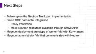 Copyright © PLUMgrid, Inc. 2011-2016
• Follow up on the Neutron Trunk port implementation
• Finish COE baremetal integration
• Policy translation
• Make Neutron resources available through native APIs
• Magnum deployment prototype of worker VM with Kuryr agent
• Magnum administrator VM that communicates with Neutron
Next Steps
31
 