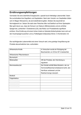 Ernährungsempfehlungen
Vermeiden Sie eine überhöhte Energiezufuhr, speziell durch fetthaltige Lebensmittel. Seien
Sie zurückhaltend bei Gegrilltem und Gepökeltem. Nach dem Verzehr von Gepökelten bilden
sich im Magen Nitrosamine, die als krebsfördernd gelten. Streben Sie dauerhaft ein
Normalgewicht an. Setzen Sie statt roten Fleisches öfter mal Seefisch auf Ihren Speiseplan.
Man geht davon aus, dass der Konsum von Kalzium (Milchprodukte) und ein erhöhter
Spiegel des „schlechten“ Cholesterols (LDL) das Risiko von Prostatakrebs signifikant
erhöhen. Eine Ernährung mit einem hohen Anteil an Getreide-Kohlenhydraten kann sich auf
den Insulinspiegel auswirken und zu Fettleibigkeit (Adipositas) führen. In Kombination mit
……………………………………


Die nachfolgenden Lebensmittel sind einen Versuch wert, eine gutartige Vergrößerung der
Prostata abzuschwächen bzw. aufzuhalten:


Afrikanische Knolle                            In Versuchen wurde ein Rückgang der
                                               Beschwerden um 35 bis 49 % beobachtet.
Afrikanischer Pflaumenbaum
Blumenkohl
Blütenpollen                                   hilft der Prostata, den Harndrang zu
                                               regulieren
Brennesselwurzel                               Der Extrakt enthält Beta-Sitosterin, der via
                                               Hormonstoffwechsel entwässernd wirkt, den
                                               Harnfluss verbessert und die
                                               Restharnmenge reduziert.
Brokkoli
Feigenkaktus
………………..
………………..
………………..




                                                                              Seite 12 von 15
 