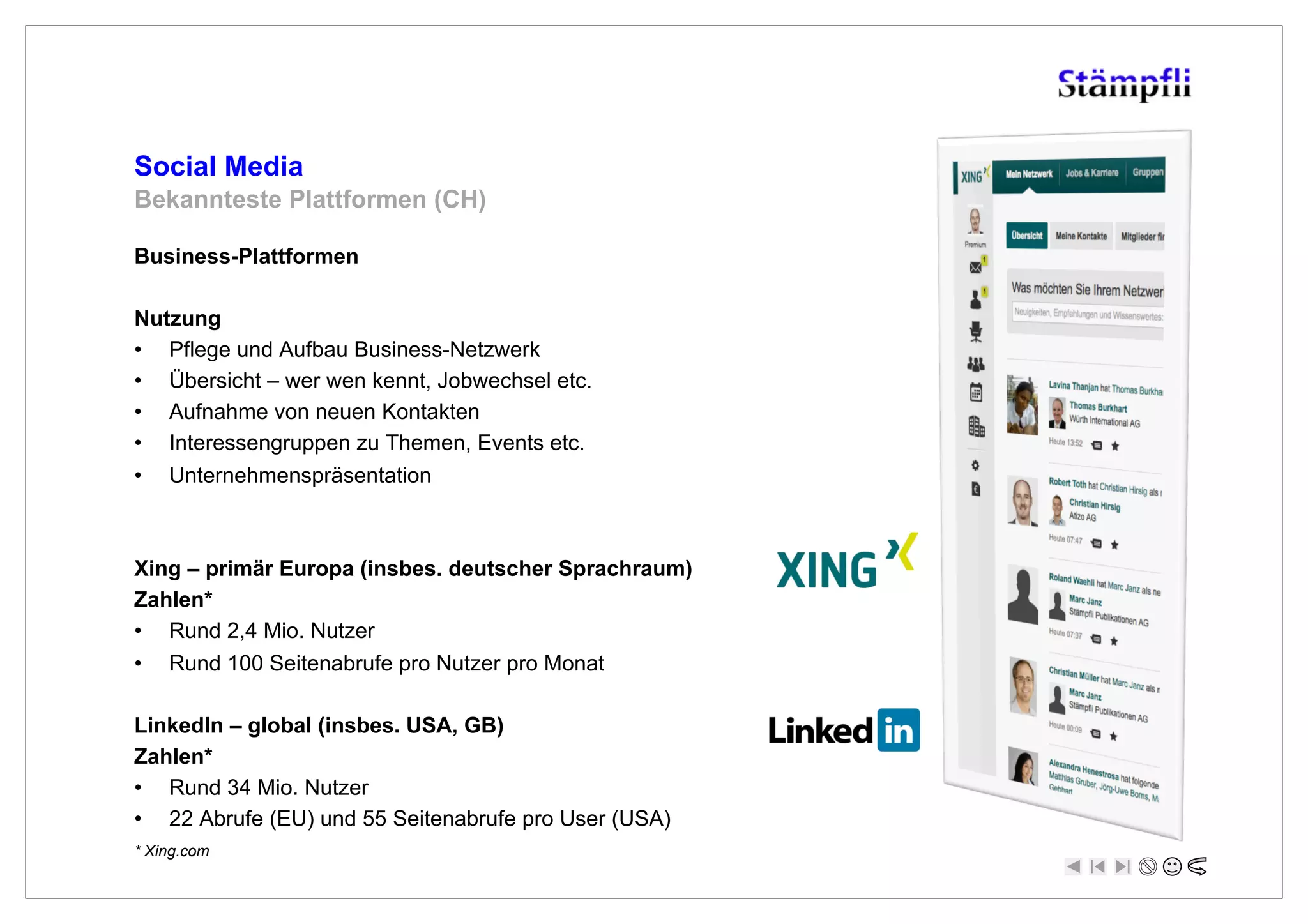 Social Media
Bekannteste Plattformen (CH)

Business-Plattformen

Nutzung
•  Pflege und Aufbau Business-Netzwerk
•  Übersicht – wer wen kennt, Jobwechsel etc.
•  Aufnahme von neuen Kontakten
•  Interessengruppen zu Themen, Events etc.
•  Unternehmenspräsentation



Xing – primär Europa (insbes. deutscher Sprachraum)
Zahlen*
•  Rund 2,4 Mio. Nutzer
•  Rund 100 Seitenabrufe pro Nutzer pro Monat

LinkedIn – global (insbes. USA, GB)
Zahlen*
•  Rund 34 Mio. Nutzer
•  22 Abrufe (EU) und 55 Seitenabrufe pro User (USA)
* Xing.com
 