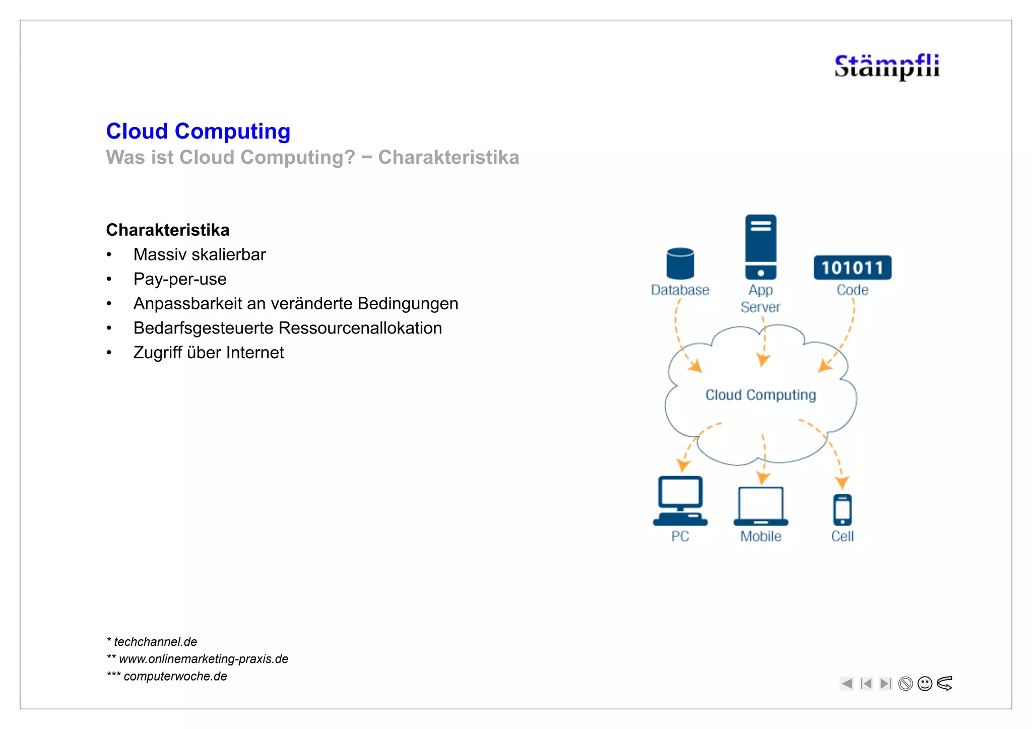 Cloud Computing
Was ist Cloud Computing? ! Charakteristika


Charakteristika
•  Massiv skalierbar
•  Pay-per-use
•  Anpassbarkeit an veränderte Bedingungen
•  Bedarfsgesteuerte Ressourcenallokation
•  Zugriff über Internet




* techchannel.de
** www.onlinemarketing-praxis.de
*** computerwoche.de
 
