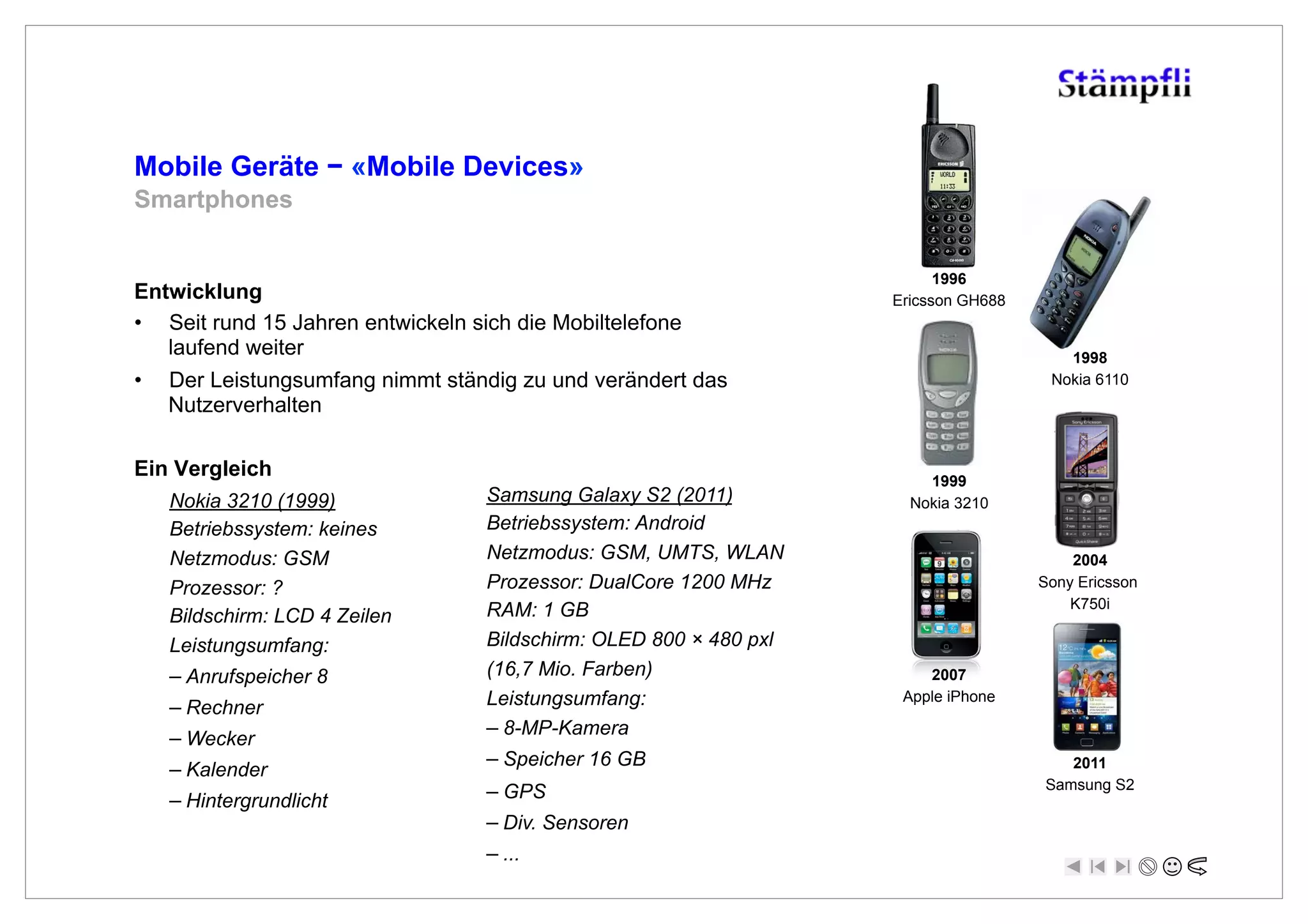 Mobile Geräte ! «Mobile Devices»
Smartphones


                                                                        1996
Entwicklung                                                       Ericsson GH688
•  Seit rund 15 Jahren entwickeln sich die Mobiltelefone
   laufend weiter                                                                     1998
•  Der Leistungsumfang nimmt ständig zu und verändert das                           Nokia 6110
   Nutzerverhalten

Ein Vergleich                                                         1999
   Nokia 3210 (1999)             Samsung Galaxy S2 (2011)           Nokia 3210
   Betriebssystem: keines        Betriebssystem: Android
   Netzmodus: GSM                Netzmodus: GSM, UMTS, WLAN                            2004
   Prozessor: ?                  Prozessor: DualCore 1200 MHz                      Sony Ericsson
                                 RAM: 1 GB                                             K750i
   Bildschirm: LCD 4 Zeilen
   Leistungsumfang:              Bildschirm: OLED 800 ! 480 pxl
   –!Anrufspeicher 8             (16,7 Mio. Farben)                   2007

   –!Rechner                     Leistungsumfang:                  Apple iPhone

   –!Wecker                      –!8-MP-Kamera
   –!Kalender                    –!Speicher 16 GB                                     2011
                                                                                   Samsung S2
   –!Hintergrundlicht            –!GPS
                                 –!Div. Sensoren
                                 –!...
 
