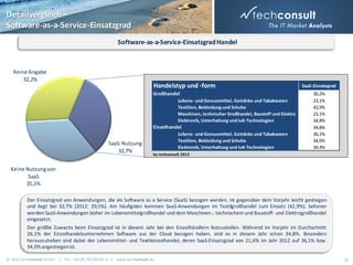 Detailvergleich –
Software-as-a-Service-Einsatzgrad
Software-as-a-Service-Einsatzgrad Handel

Keine Angabe
32,2%

Handelstyp und -form
Großhandel
Lebens- und Genussmittel, Getränke und Tabakwaren
Textilien, Bekleidung und Schuhe
Maschinen, technischer Großhandel, Baustoff und Elektro
Elektronik, Unterhaltung und IuK-Technologien

Einzelhandel

SaaS-Nutzung
32,7%

Lebens- und Genussmittel, Getränke und Tabakwaren
Textilien, Bekleidung und Schuhe
Elektronik, Unterhaltung und IuK-Technologien

SaaS-Einsatzgrad
30,2%
23,1%
42,9%
23,1%
34,8%
34,8%
36,1%
34,0%
34,4%

by techconsult 2013

Keine Nutzung von
SaaS
35,1%
Der Einsatzgrad von Anwendungen, die als Software as a Service (SaaS) bezogen werden, ist gegenüber dem Vorjahr leicht gestiegen
und liegt bei 32,7% (2012: 29,5%). Am häufigsten kommen SaaS-Anwendungen im Textilgroßhandel zum Einsatz (42,9%). Seltener
werden SaaS-Anwendungen bisher im Lebensmittelgroßhandel und dem Maschinen-, technischem und Baustoff- und Elektrogroßhandel
eingesetzt.

Der größte Zuwachs beim Einsatzgrad ist in diesem Jahr bei den Einzelhändlern festzustellen. Während im Vorjahr im Durchschnitt
26,1% der Einzelhandelsunternehmen Software aus der Cloud bezogen haben, sind es in diesem Jahr schon 34,8%. Besonders
herauszuheben sind dabei der Lebensmittel- und Textileinzelhandel, deren SaaS-Einsatzgrad von 21,6% im Jahr 2012 auf 36,1% bzw.
34,0% angestiegen ist.
© 2013 techconsult GmbH | Tel.: +49 (0) 561/8109-0 | www.techconsult.de

18

 