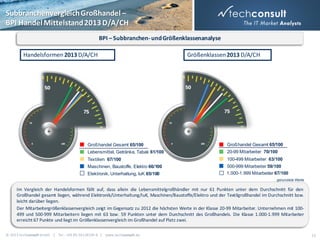 Subbranchenvergleich Großhandel –
BPI Handel Mittelstand 2013 D/A/CH
BPI – Subbranchen- und Größenklassenanalyse
Handelsformen 2013 D/A/CH

Größenklassen 2013 D/A/CH

Großhandel Gesamt 65/100

Großhandel Gesamt 65/100

Lebensmittel, Getränke, Tabak 61/100

20-99 Mitarbeiter 70/100

Textilien 67/100

100-499 Mitarbeiter 63/100

Maschinen, Baustoffe, Elektro 66/100

500-999 Mitarbeiter 59/100
1.000-1.999 Mitarbeiter 67/100

Elektronik, Unterhaltung, IuK 65/100

gerundete Werte

Im Vergleich der Handelsformen fällt auf, dass allein die Lebensmittelgroßhändler mit nur 61 Punkten unter dem Durchschnitt für den
Großhandel gesamt liegen, während Elektronik/Unterhaltung/IuK, Maschinen/Baustoffe/Elektro und der Textilgroßhandel im Durchschnitt bzw.
leicht darüber liegen.
Der Mitarbeitergrößenklassenvergleich zeigt im Gegensatz zu 2012 die höchsten Werte in der Klasse 20-99 Mitarbeiter. Unternehmen mit 100499 und 500-999 Mitarbeitern liegen mit 63 bzw. 59 Punkten unter dem Durchschnitt des Großhandels. Die Klasse 1.000-1.999 Mitarbeiter
erreicht 67 Punkte und liegt im Größenklassenvergleich im Großhandel auf Platz zwei.
© 2013 techconsult GmbH | Tel.: +49 (0) 561/8109-0 | www.techconsult.de

23

 
