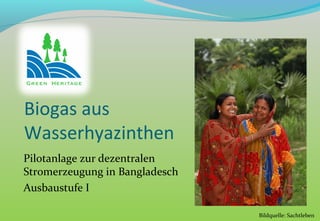 Biogas aus
Wasserhyazinthen
Pilotanlage zur dezentralen
Stromerzeugung in Bangladesch
Ausbaustufe I

                                Bildquelle: Sachtleben
 