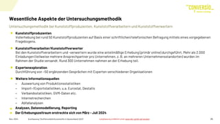 Untersuchungsmethodik bei Kunststoffproduzenten, Kunststoffverarbeitern und Kunststoffverwertern
Wesentliche Aspekte der Untersuchungsmethodik
Nov. 2024 Kurzfassung "Stoffstrombild Kunststoffe in Deutschland 2023" 25
Kunststoffproduzenten
Vollerhebung bei rund 50 Kunststoffproduzenten auf Basis einer schriftlichen/telefonischen Befragung mittels eines vorgegebenen
Fragebogens.
Kunststoffverarbeiter/Kunststoffverwerter
Bei den Kunststoffverarbeitern und -verwertern wurde eine anteilmäßige Erhebung (primär online) durchgeführt. Mehr als 2.000
Einladungen (teilweise mehrere Ansprechpartner pro Unternehmen, z. B. an mehreren Unternehmensstandorten) wurden im
Rahmen der Studie versandt. Rund 300 Unternehmen nahmen an der Erhebung teil.
Expertenexploration
Durchführung von ~50 ergänzenden Gesprächen mit Experten verschiedener Organisationen
Weitere Informationsquellen
− Auswertung von Produktionsstatistiken
− Import-/Exportstatistiken, u.a. Eurostat, Destatis
− Verbandsstatistiken, GVM-Daten etc.
− Internetrecherchen
− Abfallanalysen
Analysen, Datenmodellierung, Reporting
Der Erhebungszeitraum erstreckte sich von März - Juli 2024
Langfassung erhältlich unter www.bkv-gmbh.de/studien
 
