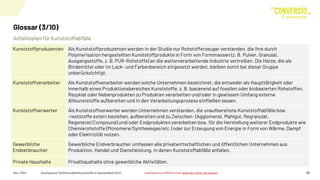 Anfallstellen für Kunststoffabfälle
Glossar (3/10)
Nov. 2024 Kurzfassung "Stoffstrombild Kunststoffe in Deutschland 2023" 28
Kunststoffproduzenten Als Kunststoffproduzenten werden in der Studie nur Rohstofferzeuger verstanden, die ihre durch
Polymerisation hergestellten Kunststoffprodukte in Form von Formmassen (z. B. Pulver, Granulat,
Ausgangsstoffe, z. B. PUR-Rohstoffe) an die weiterverarbeitende Industrie vertreiben. Die Harze, die als
Bindemittel oder im Lack- und Farbenbereich eingesetzt werden, bleiben somit bei dieser Gruppe
unberücksichtigt.
Kunststoffverarbeiter Als Kunststoffverarbeiter werden solche Unternehmen bezeichnet, die entweder als Haupttätigkeit oder
innerhalb eines Produktionsbereiches Kunststoffe, z. B. basierend auf fossilen oder biobasierten Rohstoffen,
Rezyklat oder Nebenprodukten zu Produkten verarbeiten und/oder in gewissem Umfang externe
Altkunststoffe aufbereiten und in den Verarbeitungsprozess einfließen lassen.
Kunststoffverwerter Als Kunststoffverwerter werden Unternehmen verstanden, die unaufbereitete Kunststoffabfälle bzw.
-reststoffe extern beziehen, aufbereiten und zu Zwischen- (Agglomerat, Mahlgut, Regranulat,
Regenerat/Compound) und/oder Endprodukten verarbeiten bzw. für die Herstellung weiterer Endprodukte wie
Chemierohstoffe (Monomere/Synthesegas/etc.) oder zur Erzeugung von Energie in Form von Wärme, Dampf
oder Elektrizität nutzen.
Gewerbliche
Endverbraucher
Gewerbliche Endverbraucher umfassen alle privatwirtschaftlichen und öffentlichen Unternehmen aus
Produktion, Handel und Dienstleistung, in denen Kunststoffabfälle anfallen.
Private Haushalte Privathaushalte ohne gewerbliche Aktivitäten.
Langfassung erhältlich unter www.bkv-gmbh.de/studien
 