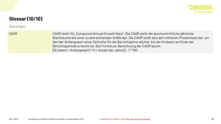 Sonstiges
Glossar (10/10)
Nov. 2024 Kurzfassung "Stoffstrombild Kunststoffe in Deutschland 2023" 35
CAGR CAGR steht für „Compound Annual Growth Rate“. Die CAGR stellt die durchschnittliche jährliche
Wachstumsrate einer zu betrachtenden Größe dar. Die CAGR stellt also den mittleren Prozentsatz dar, um
den der Anfangswert einer Zeitreihe für die Berichtsjahre wächst, bis der Endwert am Ende der
Berichtsperiode erreicht ist. Die Formel zur Berechnung der CAGR lautet:
[(Endwert / Anfangswert) ^ (1 / Anzahl der Jahre)] – 1 * 100
Langfassung erhältlich unter www.bkv-gmbh.de/studien
 
