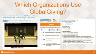 Which Organizations Use
GlobalGiving?
15
 