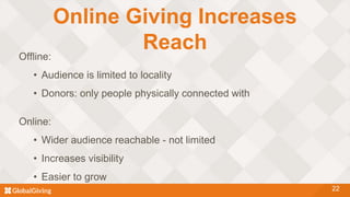 Online Giving Increases
Reach
22
Offline:
• Audience is limited to locality
• Donors: only people physically connected with
Online:
• Wider audience reachable - not limited
• Increases visibility
• Easier to grow
 