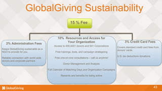 43
GlobalGiving Sustainability
15 % Fee
2% Administration Fees
Keeps GlobalGiving sustainable as a
NGO to provide for you
Reliable connection with world wide
donors and corporate partners
3% Credit Card Fees
Covers standard credit card fees from
donors’ cards
U.S. tax deductions donations
10% Resources and Access for
Your Organization
Access to 400,000+ donors and 60+ Corporations
Free trainings, tools, and campaign strategizing
Free one-on-one consultations – call us anytime!
Donor Management and Analysis
Full Calendar of Matching Days and Organization Campaigns
Rewards and benefits for being active
 