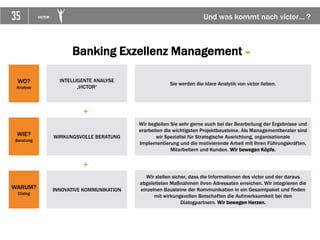 35 VICTOR
INTELLIGENTE ANALYSE
„VICTOR“
WO?
Analyse
WIE?
Beratung
WARUM?
Dialog
WIRKUNGSVOLLE BERATUNG
INNOVATIVE KOMMUNIKATION
Banking Exzellenz Management =
+
+
Sie werden die klare Analytik von victor lieben.
Wir begleiten Sie sehr gerne auch bei der Bearbeitung der Ergebnisse und
erarbeiten die wichtigsten Projektbausteine. Als Managementberater sind
wir Spezialist für Strategische Ausrichtung, organisationale
Implementierung und die motivierende Arbeit mit Ihren Führungskräften,
Mitarbeitern und Kunden. Wir bewegen Köpfe.
Wir stellen sicher, dass die Informationen des victor und der daraus
abgeleiteten Maßnahmen ihren Adressaten erreichen. Wir integrieren die
einzelnen Bausteine der Kommunikation in ein Gesamtpaket und finden
mit wirkungsvollen Botschaften die Aufmerksamkeit bei den
Dialogpartnern. Wir bewegen Herzen.
Und was kommt nach victor… ?
 
