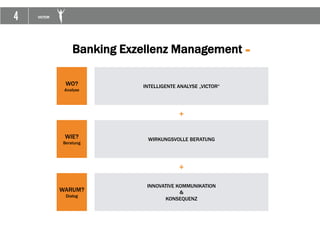 4 VICTOR
INTELLIGENTE ANALYSE „VICTOR“WO?
Analyse
WIE?
Beratung
WARUM?
Dialog
WIRKUNGSVOLLE BERATUNG
INNOVATIVE KOMMUNIKATION
&
KONSEQUENZ
Banking Exzellenz Management =
+
+
 