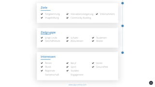 24
Ziele
Fangewinnung
Imagebildung
Entertainment
Community Building
Interaktionssteigerung
www.app-arena.com
Zielgruppe
Junge Leute
Geschäftsleute
Studenten
MütterAbiturienten
Schüler
Interessen
Reisen
Musik
Verein
GesundheitSport
Beruf
Regionale
Gemeinschaft
Soziales
Engagement
 