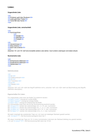 Kurzreferenz HTML, Seite 6 
Listen: 
Ungeordnete Liste: 
<ul> 
<li>Probieren geht über Studieren</li> 
<li>Liebe geht über Triebe</li> 
<li>Tante fällt über Kante</li> 
</ul> 
Ungeordnete Liste, verschachtelt: 
<ul> 
<li>Suchmaschinen 
<ul> 
<li>Google</li> 
<li>Altavista</li> 
<li>Fireball</li> 
</ul> 
</li> 
<li>Verzeichnisse</li> 
<li>Was anderes</li> 
<li>Noch was anderes</li> 
</ul> 
Zwischen <li> und </li> darf eine komplette weitere Liste stehen. Auch andere Listentypen sind dabei erlaubt. 
Nummerierte Liste: 
<ol> 
<li>Einheimische Wildrosen</li> 
<li>Ausländische Wildrosen</li> 
<li>Gartenrosen</li> 
</ol> 
Definitionsliste: 
<dl> 
<dt>br</dt> 
<dd>Zeilenumbruch</dd> 
<dt>hr</dt> 
<dd>Trennlinie</dd> 
<dt>p</dt> 
<dd>Absatz</dd> 
</dl> 
Zwischen <dt> und </dt> steht der Begriff (definition term), zwischen <dd> und </dd> steht die Beschreibung des Begriffs 
(definition description). 
Eigenschaften für Listen: 
Für ungeordnete Listen kann der Bullet-Typ bestimmt werden: 
<ul type="circle"> erzeugt ein rundes Bullet. 
<ul type="square"> erzeugt ein eckiges Bullet. 
<ul type="disc"> erzeugt ein Dateisymbol als Bullet. 
Für nummerierte Listen kann die Art der Nummerierung bestimmt werden: 
Mit <ol type="I"> werden die Listeneinträge mit I., II., III. usw. nummeriert. 
Mit <ol type="i"> werden die Listeneinträge mit i., ii., iii., iv. usw. nummeriert. 
Mit <ol type="A"> werden die Listeneinträge mit A., B., C. usw. nummeriert. 
Mit <ol type="a"> werden die Listeneinträge mit a., b., c. usw. nummeriert. 
Mit start= innerhalb des einleitenden Tags von <ol> kann ein beliebiger Startwert gesetzt werden, 
z.B. <ol start="7">. Die Nummerierung beginnt dann bei 7. 
Mit value= innerhalb des Tags von <li> in einer nummerierten Liste kann der Startwert beliebig neu gesetzt werden, 
z. B. auf <li value="15">. Die Nummerierung fährt dann bei 15 fort. 
 