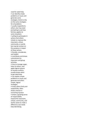 need for adult help
• can identify simple
problems or issues and
generate some
strategies; tends to rely
on the same strategies
for all problems
• usually respectful to
others, but may need
prompting to see how
fairness applies to
some situations
• willing to participate in
actions that others
initiate to improve the
classroom, school,
community, or world,
but may be unclear on
the purpose or impact
of these actions
• friendly, considerate,
and helpful
• contributes and shows
commitment to
classroom and group
activities
• tries to manage anger,
listen to others, and
apply logical reasons
to resolve conflicts;
usually knows when
to get adult help
• can explain simple
problems or issues and
generate and select
simple, logical
strategies
• treats others fairly and
respectfully; often
shows interest in
correcting injustice
• shows a growing sense
of responsibility
toward the classroom,
school, community, and
world; wants to make a
difference, but needs
help identifying
 
