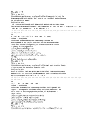TRANSCRIPT
Advice to Mei-Ling
If I could talk to Mei-Ling right now, I would tell her If you wanted to invite the
dragon you could, but if get hurt, don’t come to me. I would tell her that because
she has to learn her leason.
A Difficult Decision
I had a hard decision picking witch book to read, a funny one or scarey. I had a
hard decision because I like funny but I like scarey to.B C P E R F O R M A N C E S T A N D A R D S : S O
CIAL RESPONSIBILIT Y: A FRAMEWORK
○○○○○○○○○○○○○○○○○○○○○○○○○○○○○○○○○○○○○○○○○○○○○○○○○○○
○○○○○○○○
68
MEETS EXPECTATIONS (MINIMAL LEVEL)
Teacher’s Observations
This student shows some empathy for Mei-Ling’s problem and
encourages her to “try it again.” The choice that the student describes
shows some problem-solving ability; the student also correctly chooses
to get help in a bullying situation.
u usually knows when to get help
u shows empathy in familiar situations
u becomes frustrated and resorts to blaming
u generates some simple ideas for solving problems
NOTE:
Original student work is not available.
TRANSCRIPT
Advice to Mei-Ling
If I could talk to Mei-Ling right now, I would tell her try it again to get the dragon
to come because she wanted the dragon to come.
A Difficult Decision
A difficult decision I made was when I was geting bullied. He was so mean I was
about to punch him in the head but I knew I would get in trouble so I told on him
and he didn’t bug me again.G R A D E S 4 T O 5
○○○○○○○○○○○○○○○○○○○○○○○○○○○○○○○○○○○○○○○○○○○○○○○○○○○
○○○○○○○○
69
FULLY MEETS EXPECTATIONS
Teacher’s Observations
This student shows empathy for Mei-Ling and offers encouragement and
support: “I would go with her and encourage her so that she wouldn’t feel
bad or alone.” In describing a personal problem, the student offers a
simple solution.
u notices opportunities to help or include others
u tries to resolve conflicts independently
u shows empathy and can describe others’ feelings
u generates some ideas to fit specific problems
TRANSCRIPT
Advice to Mei-Ling
If I could talk to Mei-Ling now, I would tell her that I would go with her, and
 