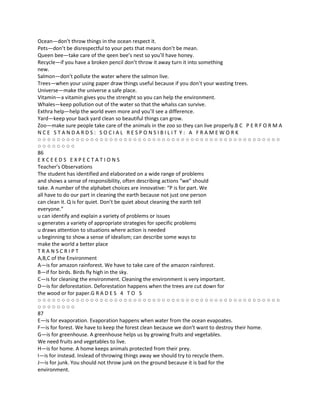 Ocean—don’t throw things in the ocean respect it.
Pets—don’t be disrespectful to your pets that means don’t be mean.
Queen bee—take care of the qeen bee’s nest so you’ll have honey.
Recycle—if you have a broken pencil don’t throw it away turn it into something
new.
Salmon—don’t pollute the water where the salmon live.
Trees—when your using paper draw things useful because if you don’t your wasting trees.
Universe—make the universe a safe place.
Vitamin—a vitamin gives you the strenght so you can help the environment.
Whales—keep pollution out of the water so that the whalss can survive.
Exthra help—help the world even more and you’ll see a difference.
Yard—keep your back yard clean so beautiful things can grow.
Zoo—make sure people take care of the animals in the zoo so they can live properly.B C P E R F O R M A
NCE STANDARDS: SOCIAL RESPONSIBILIT Y: A FRAMEWORK
○○○○○○○○○○○○○○○○○○○○○○○○○○○○○○○○○○○○○○○○○○○○○○○○○○○
○○○○○○○○
86
EXCEEDS EXPECTATIONS
Teacher’s Observations
The student has identified and elaborated on a wide range of problems
and shows a sense of responsibility, often describing actions “we” should
take. A number of the alphabet choices are innovative: “P is for part. We
all have to do our part in cleaning the earth because not just one person
can clean it. Q is for quiet. Don’t be quiet about cleaning the earth tell
everyone.”
u can identify and explain a variety of problems or issues
u generates a variety of appropriate strategies for specific problems
u draws attention to situations where action is needed
u beginning to show a sense of idealism; can describe some ways to
make the world a better place
TRANSCRIPT
A,B,C of the Environment
A—is for amazon rainforest. We have to take care of the amazon rainforest.
B—if for birds. Birds fly high in the sky.
C—is for cleaning the environment. Cleaning the environment is very important.
D—is for deforestation. Deforestation happens when the trees are cut down for
the wood or for paper.G R A D E S 4 T O 5
○○○○○○○○○○○○○○○○○○○○○○○○○○○○○○○○○○○○○○○○○○○○○○○○○○○
○○○○○○○○
87
E—is for evaporation. Evaporation happens when water from the ocean evapoates.
F—is for forest. We have to keep the forest clean because we don’t want to destroy their home.
G—is for greenhouse. A greenhouse helps us by growing fruits and vegetables.
We need fruits and vegetables to live.
H—is for home. A home keeps animals protected from their prey.
I—is for instead. Inslead of throwing things away we should try to recycle them.
J—is for junk. You should not throw junk on the ground because it is bad for the
environment.
 