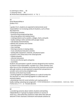 6: Listening to a Story . . . 92
7: Choosing Teams . . . 94
BC Performance StandardsG R A D E S 4 T O 5
○○○○○○○○○○○○○○○○○○○○○○○○○○○○○○○○○○○○○○○○○○○○○○○○○○○
○○○○○○○○
59
Social Responsibility in
Grades 4 to 5
I
n grades 4 to 5, students are expected to demonstrate social
responsibility in an increasing variety of situations, such as those
described here.
u Small-group activities:
– brainstorming and generating ideas
– discussing options and making choices
– creating products such as posters, collages, charts, and quilts
– buddy reading or other activities with younger classes
– role-playing and dramatizing
u Whole-class activities and routines:
– class discussions
– class meetings
– listening to stories or viewing videos
– music and physical education activities
– looking after equipment, materials, and physical space
u Conduct in the school and on the school grounds:
– hallway etiquette
– informal interactions
– formal and informal sports and games
– assemblies
Students also participate in specific activities designed by their teachers
to enhance social responsibility. In grades 4 to 5, these activities most
often focus on the immediate community of the classroom and school,
although students are also expected to expand their perspectives to
consider some community and global issues.
Activities at this level may include:
u working together to establish guidelines or a code of conduct for
the classroom or school; working together to collect data and
evaluate progress
u developing criteria for social activities such as group work or
buddy reading; evaluating own progressB C P E R F O R M A N C E S T A N D A R D S : S O C I A L R E S
PONSIBILIT Y: A FRAMEWORK
○○○○○○○○○○○○○○○○○○○○○○○○○○○○○○○○○○○○○○○○○○○○○○○○○○○
○○○○○○○○
60
u considering scenarios about realistic situations and working
independently or in groups to propose solutions or courses of
action (e.g., show what they could do to make others feel safe and
welcome in their classroom; brainstorm and evaluate solutions to
 