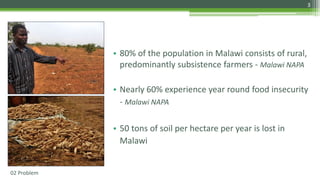 3
02 Problem
• 80% of the population in Malawi consists of rural,
predominantly subsistence farmers - Malawi NAPA
• Nearly 60% experience year round food insecurity
- Malawi NAPA
• 50 tons of soil per hectare per year is lost in
Malawi
 