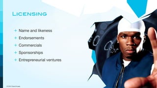 Licensing


         + Name and likeness
         + Endorsements
         + Commercials
         + Sponsorships
         + Entrepreneurial ventures




© 2012 David Kusek
 