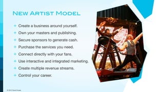 New Artist Model

        + Create a business around yourself.
        + Own your masters and publishing.
        + Secure sponsors to generate cash.
        + Purchase the services you need.
        + Connect directly with your fans.
        + Use interactive and integrated marketing.
        + Create multiple revenue streams.
        + Control your career.


© 2012 David Kusek
 