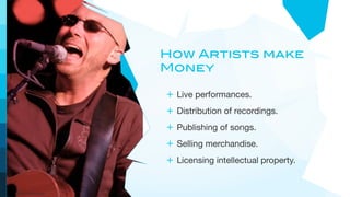 How Artists make
                     Money

                     + Live performances.
                     + Distribution of recordings.
                     + Publishing of songs.
                     + Selling merchandise.
                     + Licensing intellectual property.


© 2012 David Kusek
 