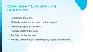 Copyright Law Grants
       Rights to:

         + Reproduce the work.
         + Make derivative works based on the original.
         + Distribute copies of the work.
         + Publicly perform the work.
         + Publicly display the work.
         + Publicly perform audio recordings by digital transmission.



© 2012 David Kusek
 