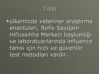 TANI ülkemizde veteriner araştırma enstitüleri, Refik Saydam Hıfzıssıhha Merkezi başkanlığı ve laboratuarlarında influenza tanısı için hızlı ve güvenilir test metodları vardır.  