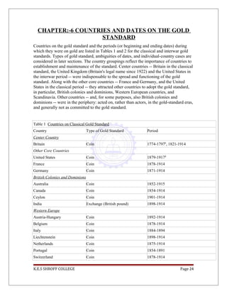 CHAPTER:-6 COUNTRIES AND DATES ON THE GOLD
STANDARD
Countries on the gold standard and the periods (or beginning and ending dates) during
which they were on gold are listed in Tables 1 and 2 for the classical and interwar gold
standards. Types of gold standard, ambiguities of dates, and individual-country cases are
considered in later sections. The country groupings reflect the importance of countries to
establishment and maintenance of the standard. Center countries -- Britain in the classical
standard, the United Kingdom (Britain's legal name since 1922) and the United States in
the interwar period -- were indispensable to the spread and functioning of the gold
standard. Along with the other core countries -- France and Germany, and the United
States in the classical period -- they attracted other countries to adopt the gold standard,
in particular, British colonies and dominions, Western European countries, and
Scandinavia. Other countries -- and, for some purposes, also British colonies and
dominions -- were in the periphery: acted on, rather than actors, in the gold-standard eras,
and generally not as committed to the gold standard.
Table 1 Countries on Classical Gold Standard
Country Type of Gold Standard Period
Center Country
Britain Coin 1774-1797b
, 1821-1914
Other Core Countries
United States Coin 1879-1917d
France Coin 1878-1914
Germany Coin 1871-1914
British Colonies and Dominions
Australia Coin 1852-1915
Canada Coin 1854-1914
Ceylon Coin 1901-1914
India Exchange (British pound) 1898-1914
Western Europe
Austria-Hungary Coin 1892-1914
Belgium Coin 1878-1914
Italy Coin 1884-1894
Liechtenstein Coin 1898-1914
Netherlands Coin 1875-1914
Portugal Coin 1854-1891
Switzerland Coin 1878-1914
K.E.S SHROFF COLLEGE Page 24
 
