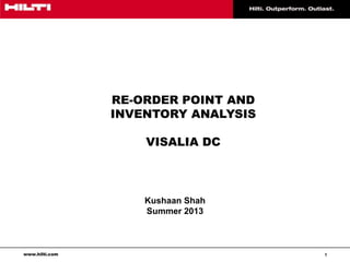 www.hilti.com 1
RE-ORDER POINT AND
INVENTORY ANALYSIS
VISALIA DC
Kushaan Shah
Summer 2013
 