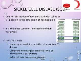 SICKLE CELL DISEASE (SCD)
• Due to substitution of glutamic acid with valine at
6th position in the beta chain of haemoglobin
• It is the most common inherited condition
worldwide.
• The are 3 types
• Homozygous condition in sickle cell anaemia or SS
disease
• Compound heterozygous state like sickle cell
haemoglobin C (SC disease)
• Sickle cell beta thalassemia disease.
 