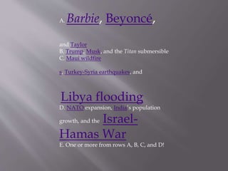 A. Barbie, Beyoncé,
and Taylor
B. Trump, Musk, and the Titan submersible
C. Maui wildfire
s, Turkey-Syria earthquakes, and
Libya flooding
D. NATO expansion, India’s population
growth, and the Israel-
Hamas War
E. One or more from rows A, B, C, and D!
 