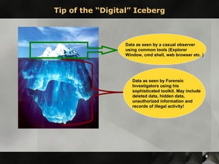 Tip of the “Digital” Iceberg Data as seen by a casual observer using common tools (Explorer Window, cmd shell, web browser etc. ) Data as seen by Forensic Investigators using his sophisticated toolkit. May include deleted data, hidden data, unauthorized information and records of illegal activity! 
