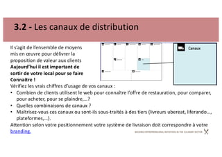 BACKING ENTREPRENEURIAL INITIATIVES IN THE CULINARY SECTOR
3.2 - Les canaux de distribution
Il s’agit de l’ensemble de moyens
mis en œuvre pour délivrer la
proposition de valeur aux clients
Aujourd’hui il est important de
sortir de votre local pour se faire
Connaitre !
Vérifiez les vrais chiffres d’usage de vos canaux :
• Combien de clients utilisent le web pour connaître l’offre de restauration, pour comparer,
pour acheter, pour se plaindre,…?
• Quelles combinaisons de canaux ?
• Maîtrisez-vous ces canaux ou sont-ils sous-traités à des tiers (livreurs ubereat, liferando…,
plateformes,…).
Attention selon votre positionnement votre système de livraison doit correspondre à votre
branding.
 