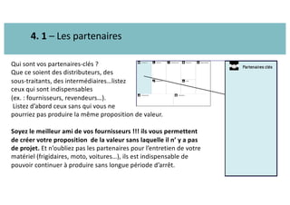 BACKING ENTREPRENEURIAL INITIATIVES IN THE CULINARY SECTOR
4. 1 – Les partenaires
Qui sont vos partenaires-clés ?
Que ce soient des distributeurs, des
sous-traitants, des intermédiaires…listez
ceux qui sont indispensables
(ex. : fournisseurs, revendeurs…).
Listez d’abord ceux sans qui vous ne
pourriez pas produire la même proposition de valeur.
Soyez le meilleur ami de vos fournisseurs !!! ils vous permettent
de créer votre proposition de la valeur sans laquelle il n’ y a pas
de projet. Et n’oubliez pas les partenaires pour l’entretien de votre
matériel (frigidaires, moto, voitures…), ils est indispensable de
pouvoir continuer à produire sans longue période d’arrêt.
 