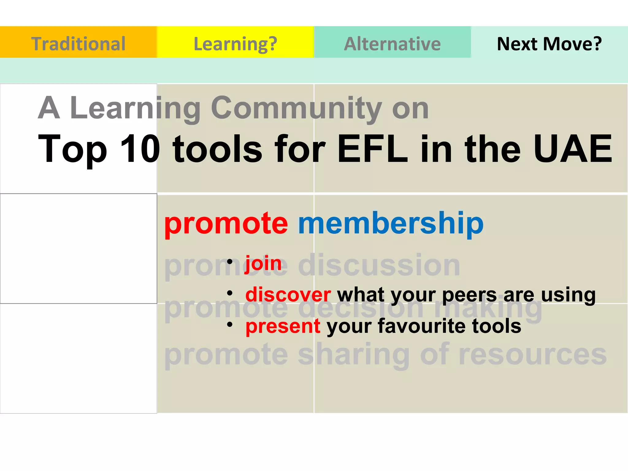Traditional Learning? Alternative Next Move? promote decision making  Top 10 tools for EFL in the UAE  promote sharing of resources promote discussion join  present  your favourite tools discover  what your peers are using promote  membership  A Learning Community on 
