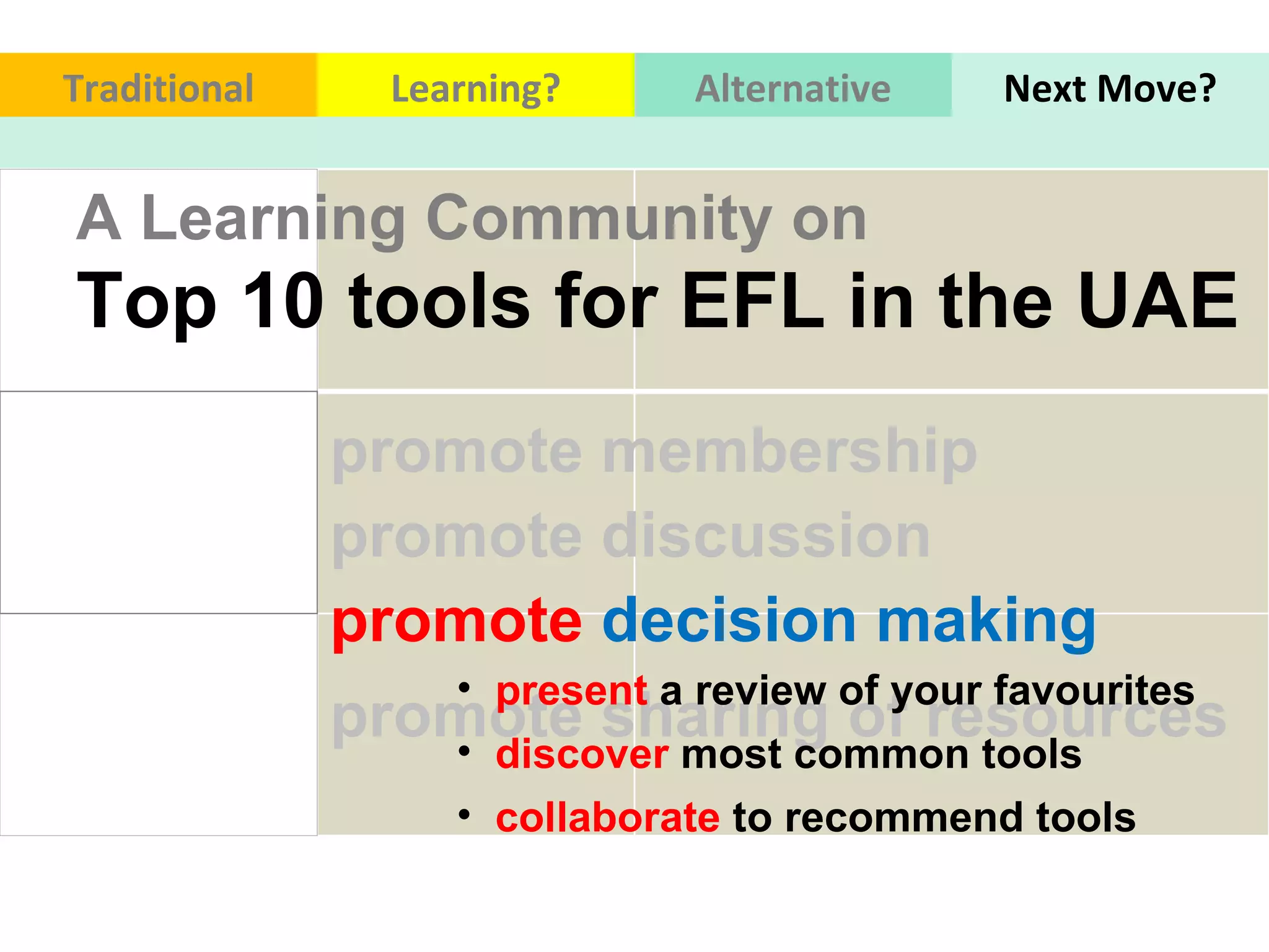 Traditional Learning? Alternative Next Move? Top 10 tools for EFL in the UAE  promote sharing of resources promote discussion discover  most common tools  present  a review of your favourites promote membership  promote  decision making  collaborate  to recommend tools A Learning Community on 