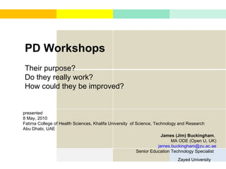 PD Workshops Their purpose?  Do they really work?  How could they be improved?     James (Jim) Buckingham ,  MA ODE (Open U, UK) [email_address] Senior Education Technology Specialist  Zayed University     presented 8 May, 2010 Fatima College of Health Sciences, Khalifa University  of Science, Technology and Research  Abu Dhabi, UAE  
