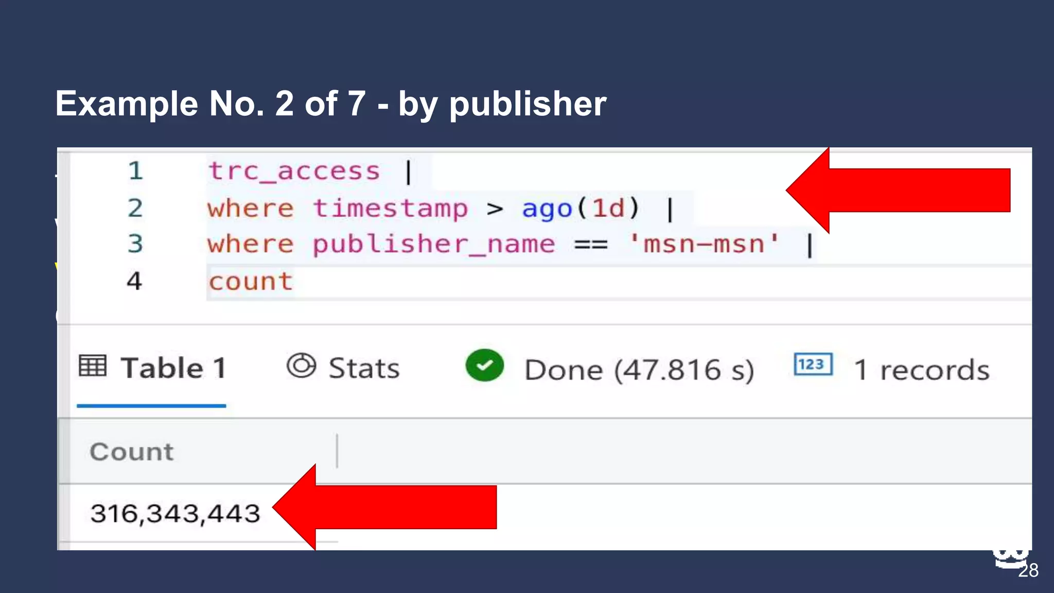 Example No. 2 of 7 - by publisher
28
trc_access |
where timestamp > ago(1d) |
where publisher_name == ‘msn-msn’ |
count
 