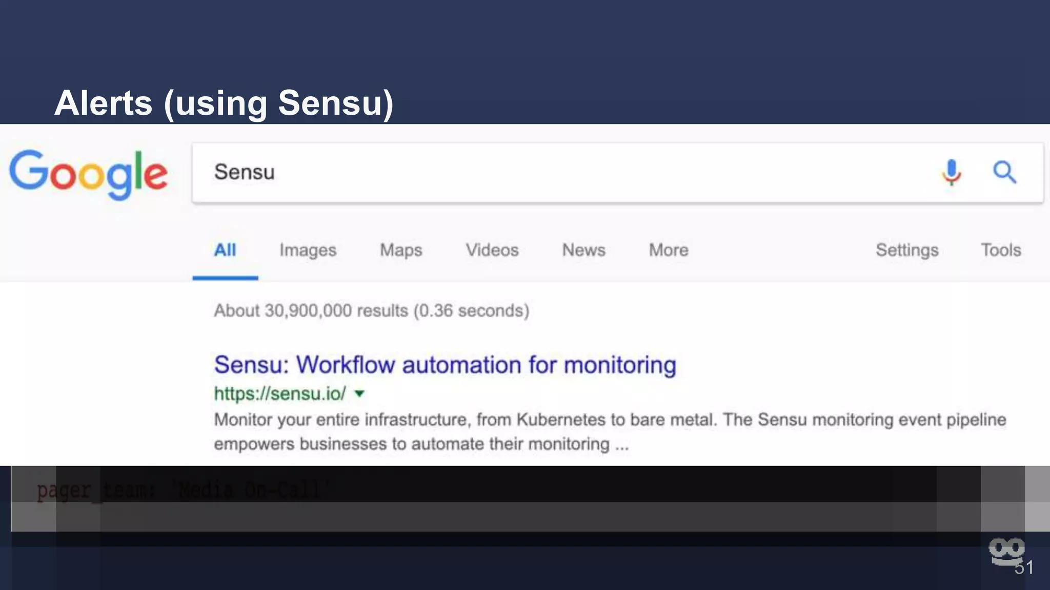 51
Alerts (using Sensu)
Period &
Threshold
Kusto
Query
 