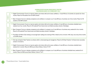 18
SAMBALPUR KUSUMA RESOURCE CENTRE
CALENDAR JUNE 2015-FEBRUARY 2016
English Communication Course to improve spoken and written skills and increase confidence. A total 48 hours of activities are spread over three
months. Places for 40 students from 25 KSPI schools*.
Basic Computer Course to develop competence and confidence in computer use. A total 48 hours of activities over three months. Places for 40
students of 25 KSPI schools*.
J
U
N
E
English Communication Course to improve spoken and written skills and increase confidence. A total 48 hours of activities scheduled every
weekend over four months. Places for 50 students# from Government and Aided secondary schools of Sambalpur.
Basic Computer Course to develop competence and confidence in computer use. A total 48 hours of activities every weekend for four months.
Places for 50 students# from Government and Aided secondary schools in Sambalpur.
First Book and Movie Club meeting to encourage book reading and screening of films related to the curriculum. Half a day, once every three months
in 25 KSPI schools.
One day training for Head Teachers to enhance skills in school planning and management. Places for 50 Head Teachers* of Government secondary
schools in the district.
English Communication Course to improve spoken and written skills and increase confidence. A total 48 hours of activities scheduled every
weekend for 6 months. Places for100 Kusuma Ratna Fellows, Cohort-7*  #.
Basic Computer Course to develop competence and confidence in computer use. A total 48 hours of activities scheduled every weekend for 6
months. Places for100 Kusuma Ratna Fellows, Cohort-7*  #.
A
U
G
U
S
T
S
E
P
T
E
M
B
E
R
# Kusuma Resource Centre * Kusuma Satellite Centre
 