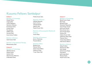 8383
Cohort 1	
Bachelor of Technology	
Deepak Mishra	
Lingaraj Dhal	
Lukesh Mahapatra	
Narendra Chhatriya	
Prachishree Panda	
Prateek Panda	
Puja Agrawal	
Siddhant Sahu	
Somnath Dash	
Sovan Kumar Pradhan	
Bachelor of Science	
Sumit Kumar Dash
Bachelor in Occupational Therapy	
Bhawanisankar Dhal	
Cohort-2	
Bachelor of Technology	
Abhishek Sharma	
Debasis Panda	
Lalamani Sahu	
Manish Kumar Maharana	
Prabhudatta Panda	
Prabina Kumar Sahu
Bachelor of Science	
Abhilash Barpanda	
Ajit Ku Churia	
Gitanjali Rohidas	
Jogindra Naik	
Rupesh Kumar Sahu	
Bachelor of Homoeopathic Medicine 
Surgery	
Suman Deep	
Bachelor of Commerce	
Jhumur Mukherjee	
Priyanka Behera	
Bachelor of Arts	
Bandana Kuar	
Manisha Mishra	
Sachin Kumar Baboo	
Sudharma Panda	
Trupti Mayee Naik	
Cohort 3	
Bachelor of Technology	
Bikash Kumar Nayak	
Bisal Singh	
Biswajyoti Dash	
Dhanamali Mahananda	
Gyana Ranjan Gouda	
Jyotirmaya Pattnaik	
Karan Kumar Guru	
Samar Pratap Nayak	
Snehasis Das	
Srabana Kumar Nath	
Subhasmita Alisha Nath	
Tikeswar Dora	
Tushar Ranjan Behera	
Utkal Gourav Behera
Bachelor of Science	
Aditya Pradhan	
Akash Kumar Bhoi	
Amit Ghadei	
Ashish Kumar Panda	
Gopal Barik	
Jyotirmayee Barik
Mamata Nayak	
Manish Kumar Sahu
Kusuma Fellows Sambalpur
83
 