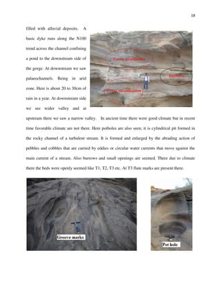 18
filled with alluvial deposits. A
basic dyke runs along the N100
trend across the channel confining
a pond to the downstream side of
the gorge. At downstream we saw
palaeochannels. Being in arid
zone. Here is about 20 to 30cm of
rain in a year. At downstream side
we see wider valley and at
upstream there we saw a narrow valley. In ancient time there were good climate but in recent
time favorable climate are not there. Here potholes are also seen; it is cylindrical pit formed in
the rocky channel of a turbulent stream. It is formed and enlarged by the abrading action of
pebbles and cobbles that are carried by eddies or circular water currents that move against the
main current of a stream. Also burrows and small openings are seemed. There due to climate
there the beds were openly seemed like T1, T2, T3 etc. At T3 flute marks are present there.
 