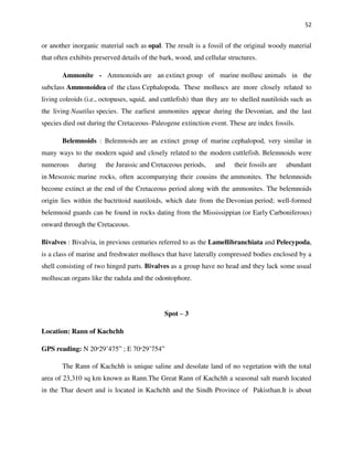 52
or another inorganic material such as opal. The result is a fossil of the original woody material
that often exhibits preserved details of the bark, wood, and cellular structures.
Ammonite - Ammonoids are an extinct group of marine mollusc animals in the
subclass Ammonoidea of the class Cephalopoda. These molluscs are more closely related to
living coleoids (i.e., octopuses, squid, and cuttlefish) than they are to shelled nautiloids such as
the living Nautilus species. The earliest ammonites appear during the Devonian, and the last
species died out during the Cretaceous–Paleogene extinction event. These are index fossils.
Belemnoids : Belemnoids are an extinct group of marine cephalopod, very similar in
many ways to the modern squid and closely related to the modern cuttlefish. Belemnoids were
numerous during the Jurassic and Cretaceous periods, and their fossils are abundant
in Mesozoic marine rocks, often accompanying their cousins the ammonites. The belemnoids
become extinct at the end of the Cretaceous period along with the ammonites. The belemnoids
origin lies within the bactritoid nautiloids, which date from the Devonian period; well-formed
belemnoid guards can be found in rocks dating from the Mississippian (or Early Carboniferous)
onward through the Cretaceous.
Bivalves : Bivalvia, in previous centuries referred to as the Lamellibranchiata and Pelecypoda,
is a class of marine and freshwater molluscs that have laterally compressed bodies enclosed by a
shell consisting of two hinged parts. Bivalves as a group have no head and they lack some usual
molluscan organs like the radula and the odontophore.
Spot – 3
Location: Rann of Kachchh
GPS reading: N 20ᵒ29’475” ; E 70ᵒ29’754”
The Rann of Kachchh is unique saline and desolate land of no vegetation with the total
area of 23,310 sq km known as Rann.The Great Rann of Kachchh a seasonal salt marsh located
in the Thar desert and is located in Kachchh and the Sindh Province of Pakisthan.It is about
 