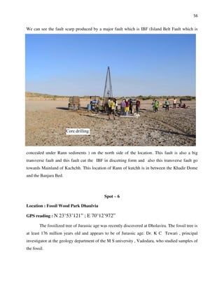 56
We can see the fault scarp produced by a major fault which is IBF (Island Belt Fault which is
concealed under Rann sediments ) on the north side of the location. This fault is also a big
transverse fault and this fault cut the IBF in discetting form and also this transverse fault go
towards Mainland of Kachchh. This location of Rann of kutchh is in between the Khadir Dome
and the Banjara Bed.
Spot – 6
Location : Fossil Wood Park Dhaulvia
GPS reading : N 23°53’121” ; E 70°12’972”
The fossilized tree of Jurassic age was recently discovered at Dholavira. The fossil tree is
at least 176 million years old and appears to be of Jurassic age. Dr. K C Tewari , principal
investigator at the geology department of the M S university , Vadodara, who studied samples of
the fossil.
 