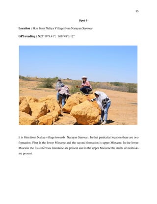 65
Spot 6
Location : 8km from Naliya Village from Narayan Sarowar
GPS reading : N23°19’9.41”; E68°48’3.12”
It is 8km from Naliya village towards Narayan Sarovar . In that particular location there are two
formation. First is the lower Miocene and the second formation is upper Miocene. In the lower
Miocene the fossiliferrous limestone are present and in the upper Miocene the shells of mollusks
are present.
 