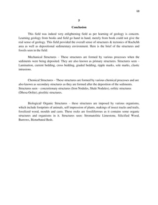 68
5
Conclusion
This field was indeed very enlightening field as per learning of geology is concern.
Learning geology from books and field go hand in hand, merely from book could not give the
real sense of geology. This field provided the overall sense of structures & tectonics of Kuchchh
area as well as depositional sedimentary environment. Here is the brief of the structures and
fossils seen in the field:
Mechanical Structures – These structures are formed by various processes when the
sediments were being deposited. They are also known as primary structures. Structures seen –
Lamination, current bedding, cross bedding, graded bedding, ripple marks, sole marks, clastic
intrusions.
Chemical Structures – These structures are formed by various chemical processes and are
also known as secondary structures as they are formed after the deposition of the sediments.
Structures seen – concretionary structures (Iron Nodules, Shale Nodules), oolitic structures
(Dhosa Oolite), pisolitic structures.
Biological/ Organic Structures – these structures are imposed by various organisms,
which include footprints of animals, self impression of plants, makings of insect tracks and trails,
fossilized wood, moulds and casts. These rocks are fossiliferrous as it contains some organic
structures and organisms in it. Structures seen: Stromatolitic Limestone, Silicified Wood,
Burrows, Bioturbated Beds.
 