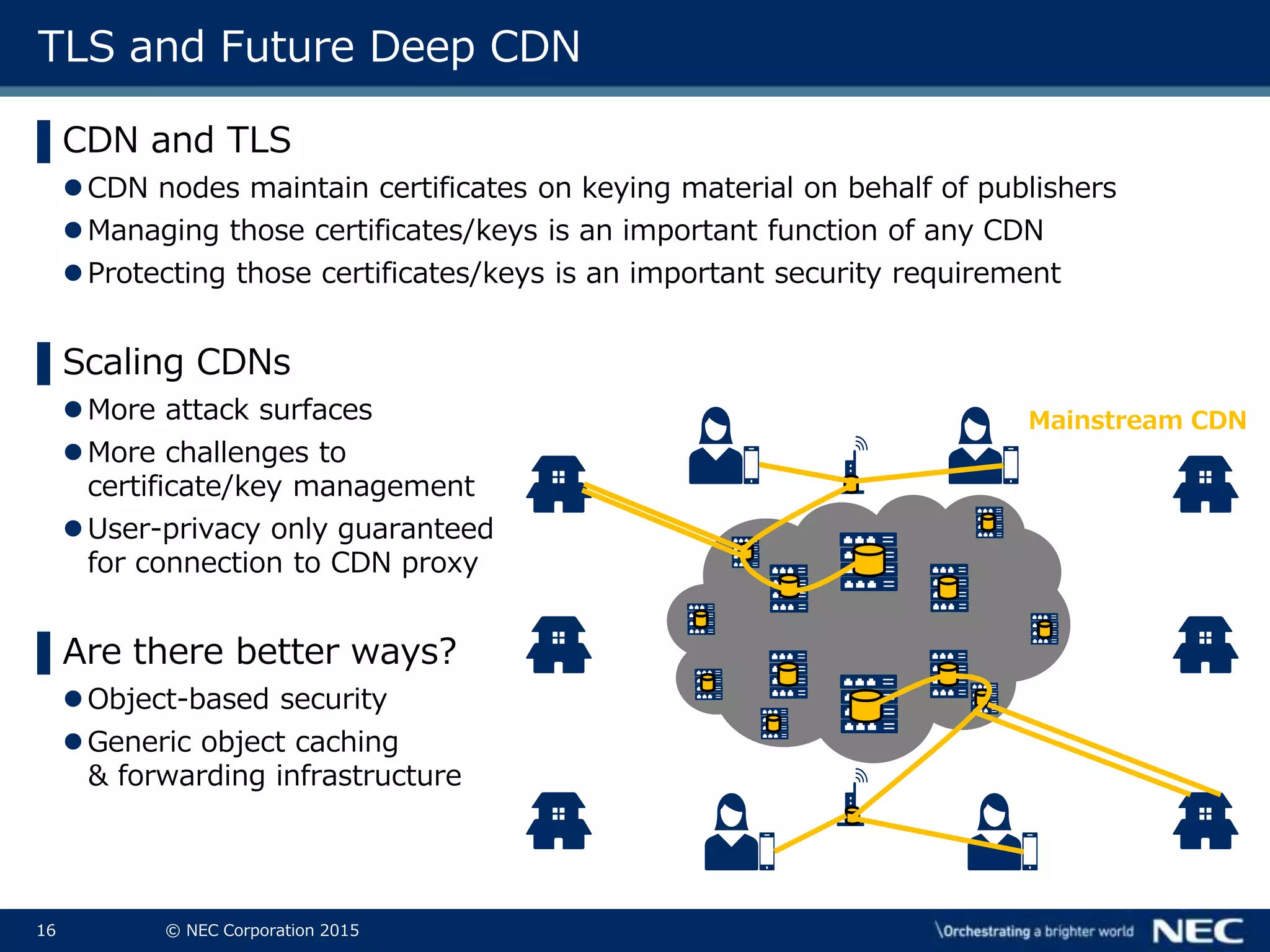 16 © NEC Corporation 2015
TLS and Future Deep CDN
▌CDN and TLS
CDN nodes maintain certificates on keying material on behalf of publishers
Managing those certificates/keys is an important function of any CDN
Protecting those certificates/keys is an important security requirement
▌Scaling CDNs
More attack surfaces
More challenges to
certificate/key management
User-privacy only guaranteed
for connection to CDN proxy
▌Are there better ways?
Object-based security
Generic object caching
& forwarding infrastructure
Mainstream CDN
 