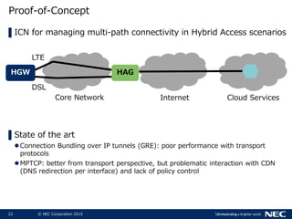 22 © NEC Corporation 2015
Proof-of-Concept
▌ICN for managing multi-path connectivity in Hybrid Access scenarios
HGW HAG
LTE
DSL
Core Network Internet Cloud Services
▌State of the art
Connection Bundling over IP tunnels (GRE): poor performance with transport
protocols
MPTCP: better from transport perspective, but problematic interaction with CDN
(DNS redirection per interface) and lack of policy control
 
