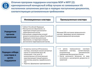 8
Инновационные кластеры Промышленные кластеры
Учредители
органов
управления
Порядок отбора
кластеров в
целях
поддержки
• Субъект Российской Федерации
• Муниципальное образование, на
территории которого располагается
территориальный кластер
• Организация, учредителями которой
являются исключительно субъект Российской
Федерации и (или) муниципальное
образование, на территории которого
располагается территориальный кластер
Минимум 50% участников промышленного
кластера формируют органы управления
специализированной организации
• В перечень пилотных ИТК включены
кластеры, получившие лучшие экспертные
оценки по показателям (всего 46
показателей, в том числе 22
количественных и 24 качественных),
характеризующим текущий уровень,
перспективы развития, проработанность
мер
• Перечень сформирован единовременно
• В реестр промышленных кластеров
включаются кластеры, соответствующие
установленным (минимальным)
требованиям Минпромторга России
• Реестр наполняется бессрочно, по мере
поступления и рассмотрения документов от
заявителей
Отличия программ поддержки кластеров МЭР и МПТ (2):
единовременный конкурсный отбор лучших из заявившихся VS
постепенное заполнение реестра в порядке поступления документов,
соответствующих установленным требованиям
 
